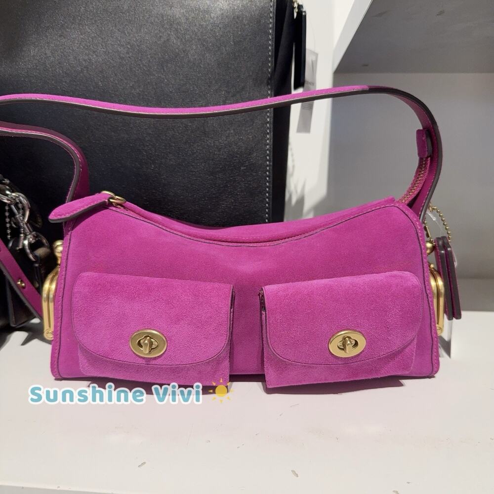 NWT Coach Turnlock Haversack Bag 27 Shoulder/Crossbody Suede/Brass/Magenta CFQ59